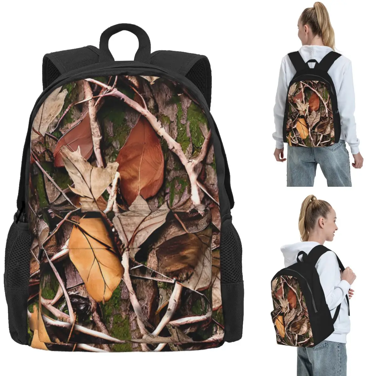 Realistic Tree Hunting Camo Leaves Sticks And Bark Camoflouge Backpack Daypack Boys Girls BookBag School Bag Shoulder Bags