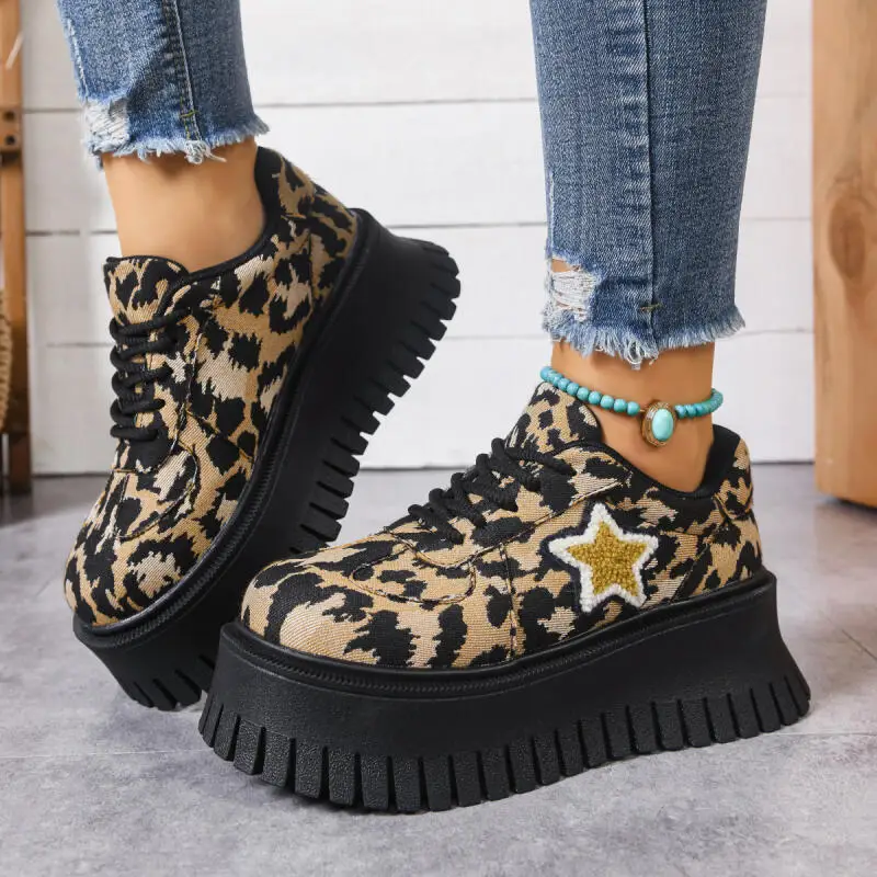 

Punk Chunky Platform Leopard Y2K Shoes Women 2025 Winter Comfort Thick Bottom Lace Up Designer Sneakers Star Sticker Shoes Mujer
