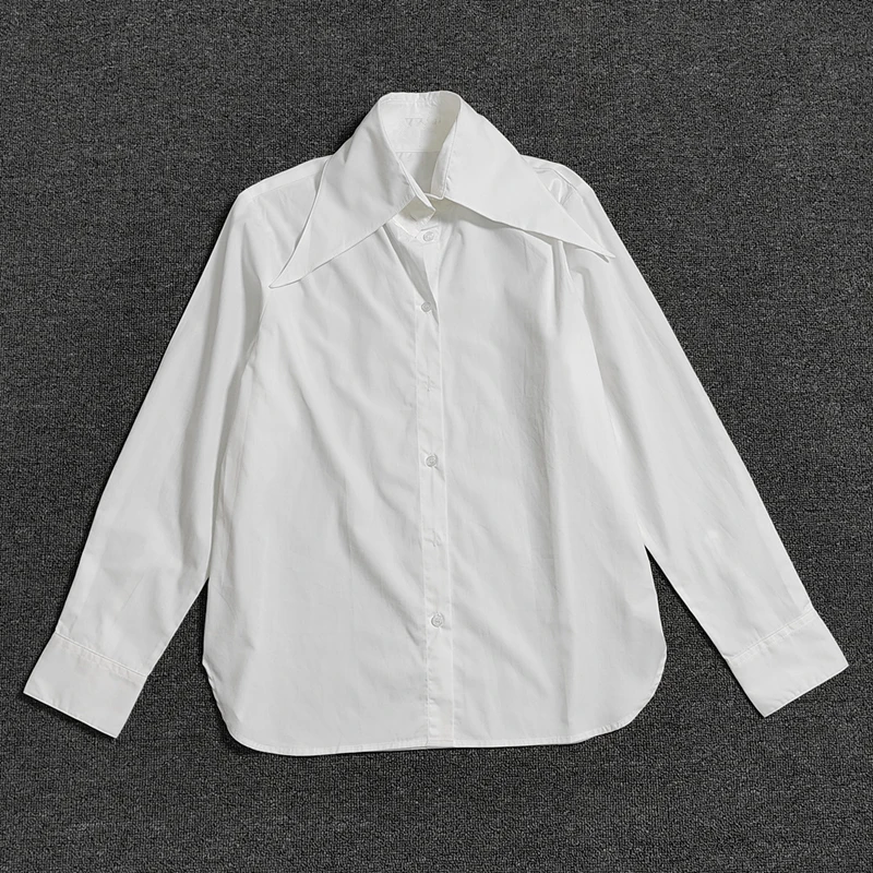 Maxdutti French Fashion Minimalist White Shirt For Women Scissors Casual  Collar Single Breasted Long Sleeved Shirt Top