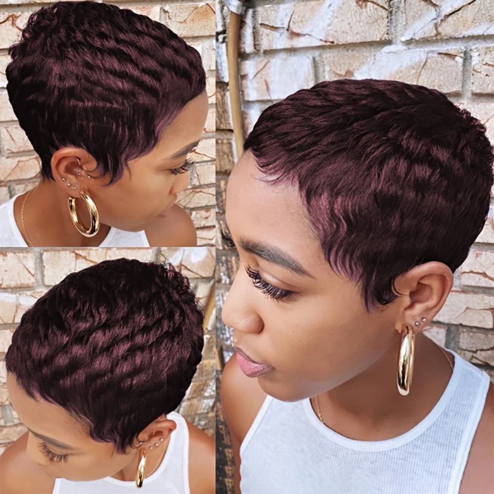 

Pixie Short Cut Curly Wave Human hair Wigs Remy Hair For Women Full Machine Made Wigs