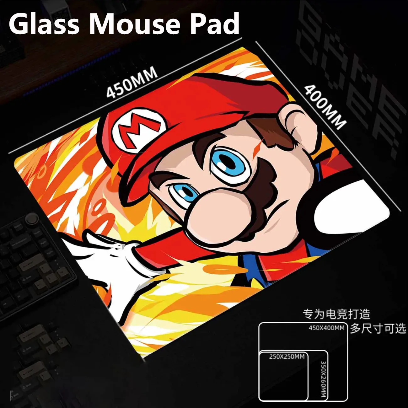 

S-Super-Mario Glass Mouse Pad Y2K Cartoon Tempered Glass Smooth For FPS Gaming Table Pad Frosted Surface Desk Mat Office Esports