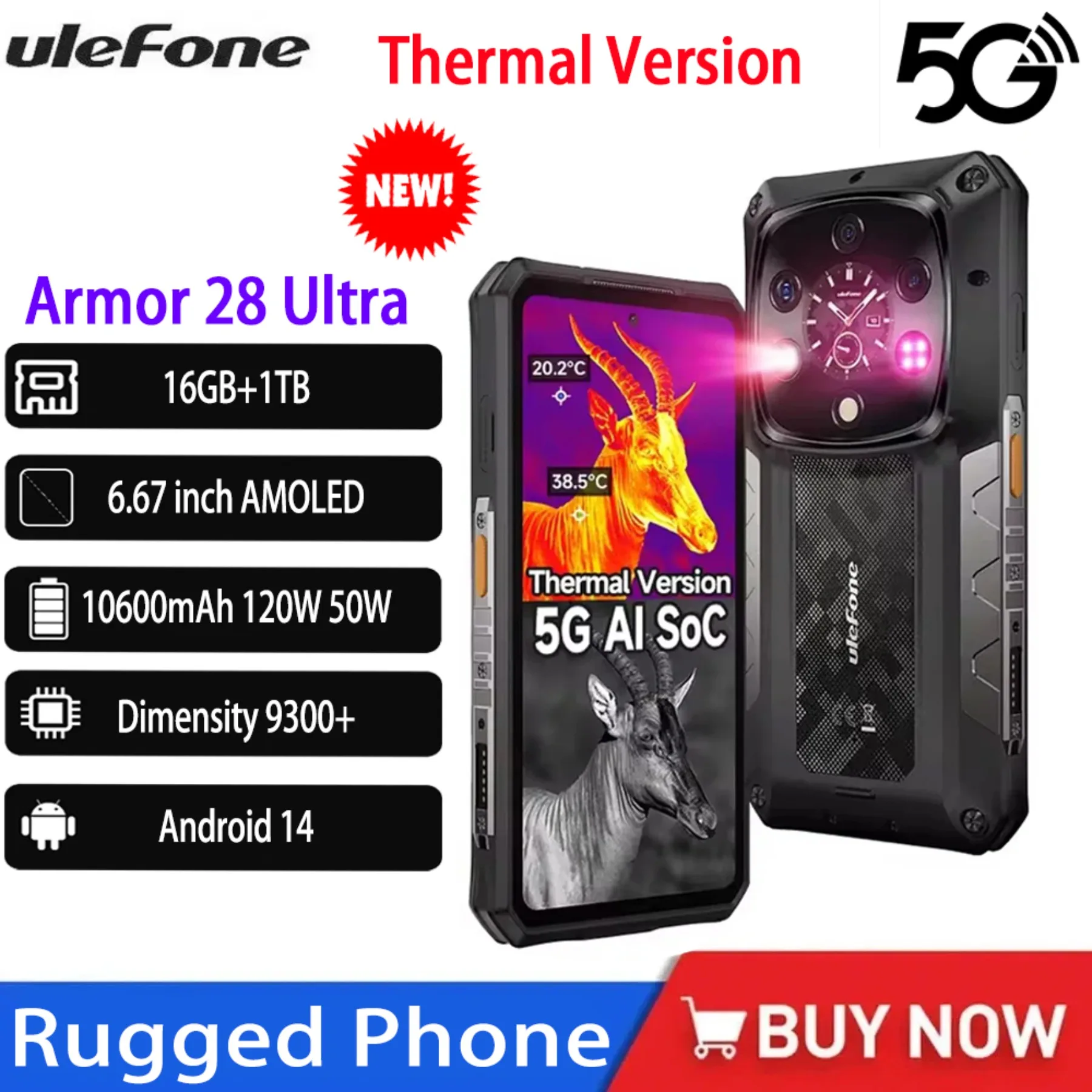 Ulefone Armor 28 Ultra Thermal Version 5G Rugged Phone AI Thermal Imaging 1TB ROM Smartphone AMOLED 6.67“ FHD 10600mAh CellPhone