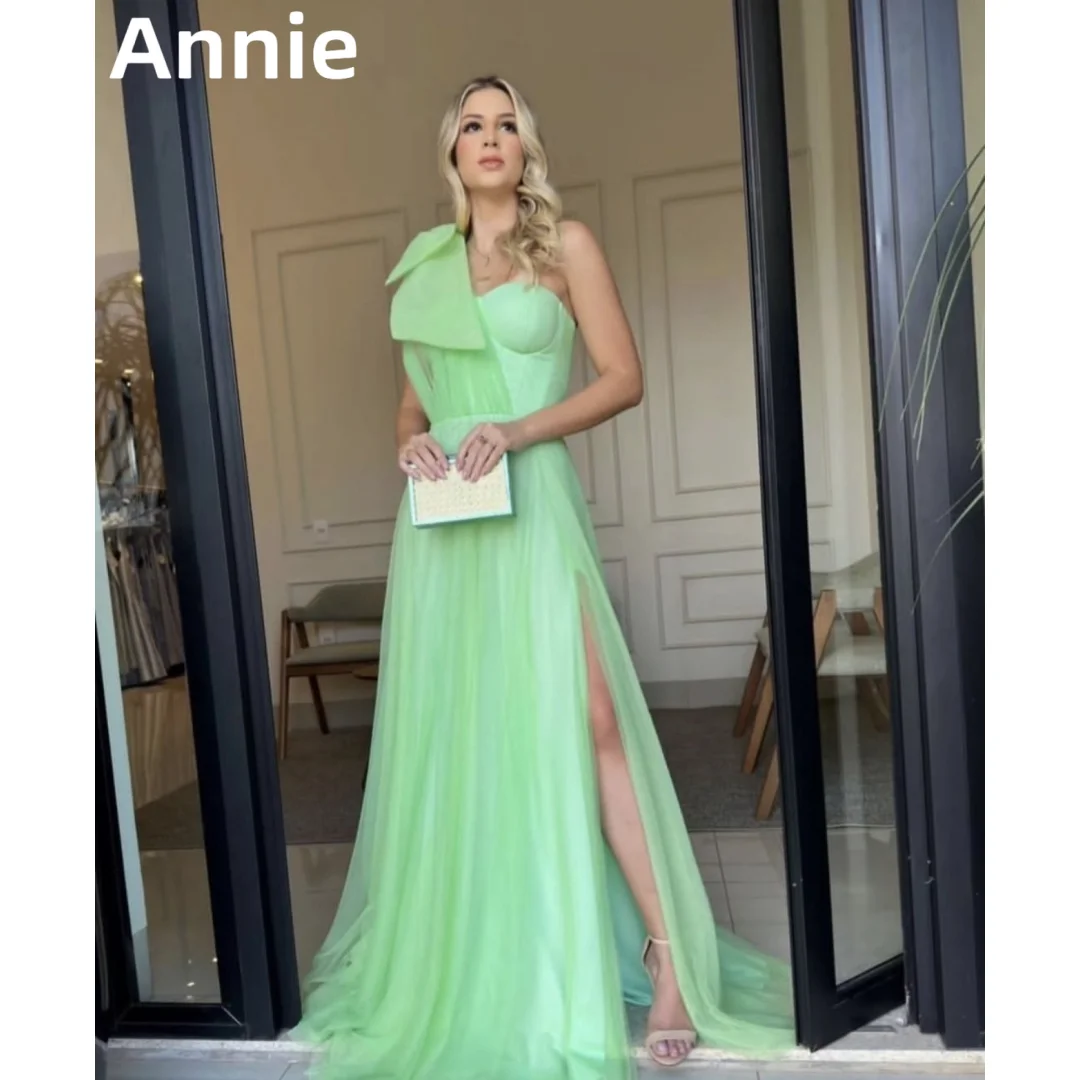 

Annie One Shoulder Side Slit Prom Dress Gauze Green A-shaped Evening Dress Formal Occasions Party Dress فساتين للحفلات الراقصة