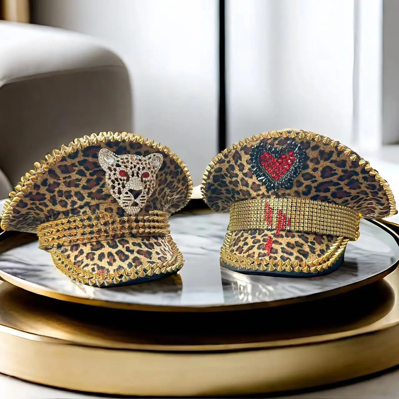 

HongLuan Women Men Two Kinds Bridal Festival Captain Hat Leopard Head Military Cap Brown Yellow Studs Heart Motif Navy Party Hat