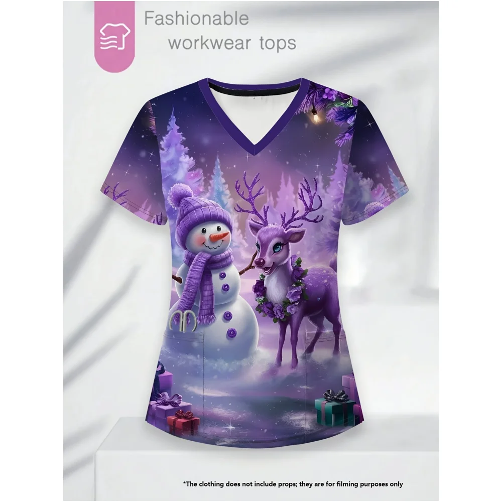 المرأة جميلة عيد الميلاد ثلاثية الأبعاد طباعة تي شيرت برقبة على شكل v خفيفة الوزن جيوب قصيرة الأكمام مثالية للممرضات الطبيب البيطري الجمال المرأة فرك #1