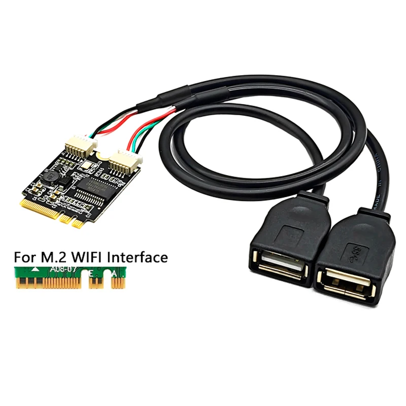 Tarjeta elevadora M.2 Key A/E A 2 puertos, Chip GL850, Cable de extensión USB de 30cm, interfaz WIFI M2, adaptador A + E A USB Dual