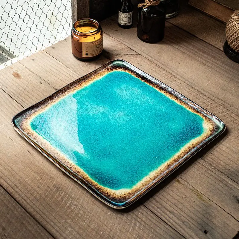Ceramic Square Plate Simple Household Creative Dinner Plates Kitchen Tableware Retro High Appearance Level Ice-crack Glaze Plate