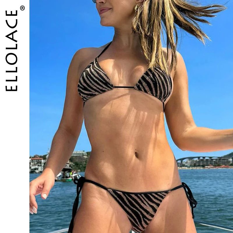 

Ellolace Sexy Women's Bikinis 2025 Seductive Zebra Print Halter Panty Sport 2PC Swimwear Wild Padded Beach Sports Underwear