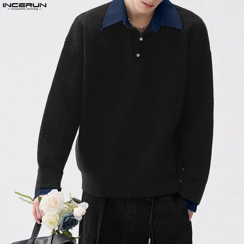 INCERUN Men Shirt Patchwork Lapel Long Sleeve Knitted Loose Men Clothing Streetwear Spring 2026 Fashion Tops Male Shirts S-5XL