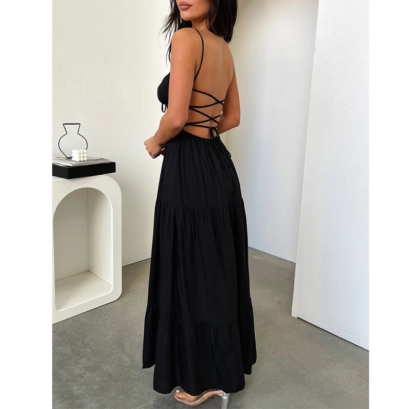 Women y2k Fairy Spaghetti Strap Sex Flowy Maxi Dresses Summer Beach Backless Bandage Dress Sexy Cut Out Tie Up Club Party Dress