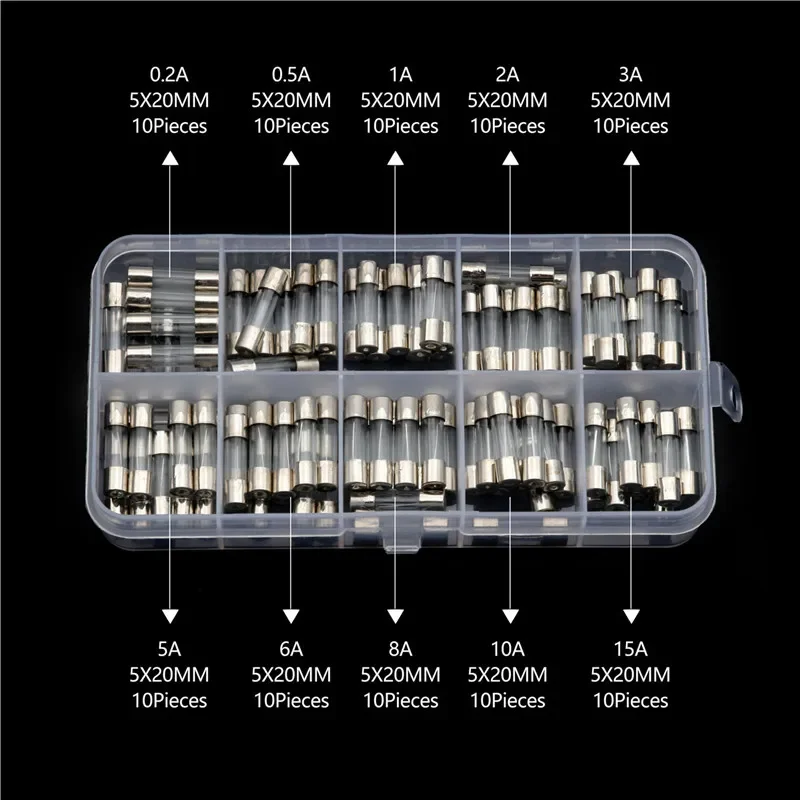 

100Pcs 0.2A/0.5A/2A/3A/5A/6A/8A/10A/15A Glass Tube Fuse Set 5x20mm Car Electrical Quick Blow Glass Fast-blow Fuses Kit