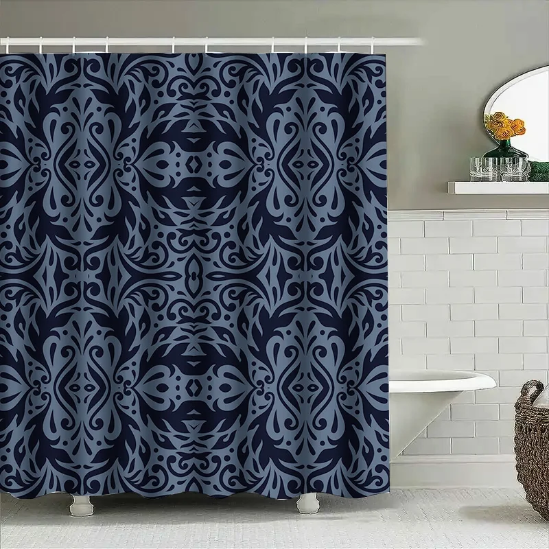

Luxury Blue Decorative Shower Curtain with Damask Pattern for Bathroom High Quality Waterproof Fabric Black White Home Decoratio