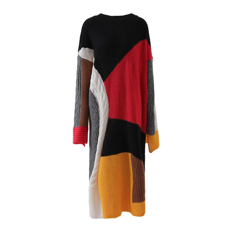 HKSH Autumn Winter New Women Long Sweater O-neck Pullover Contrast Color Patchwork Knitted Dress Elegant Chic Casual Ins HK11216