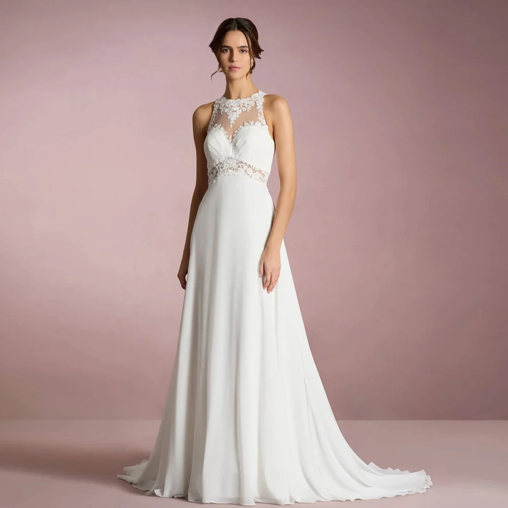 Fashion O Neck Sleeveless Wedding Dresses Applique Lace Bridal Grown Illusion Back Customized Floor Length New Vestidos De Novia