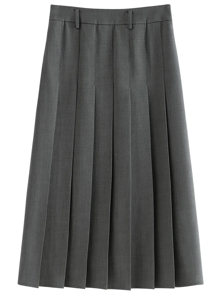 FSLE【3 Colors】Women Zipper Waist Office Lady Grey Skirts Pleated Design Navy Blue Color Summer Long Skirt 24FS12177