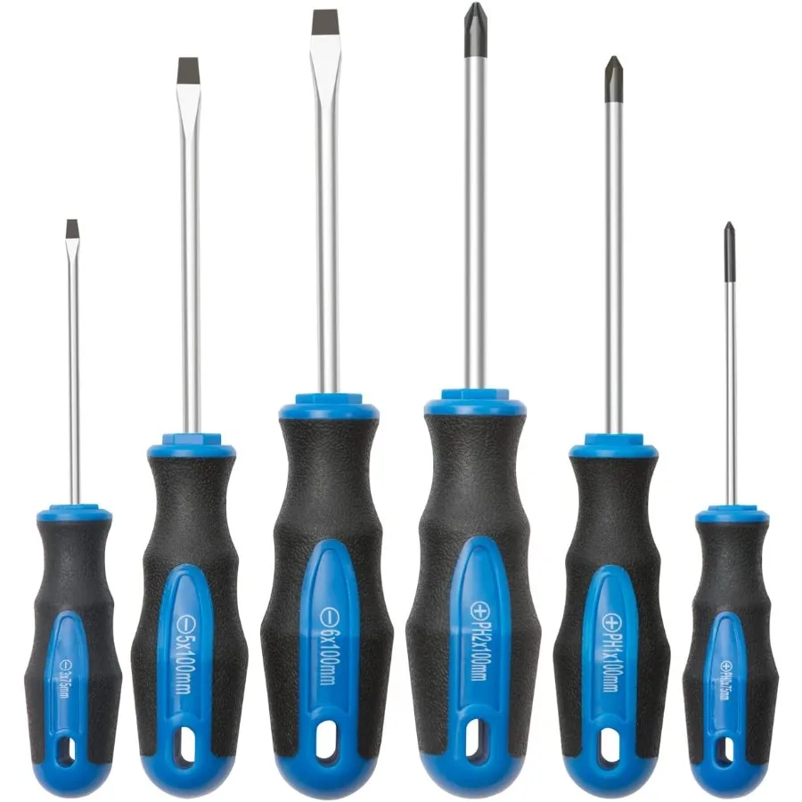 Set Obeng Ujung Magnetik 6 Buah dengan 3 Kepala Phillips dan 3 Kepala Datar untuk Perbaikan Elektronik Presisi Pegangan Bantalan Profesional D