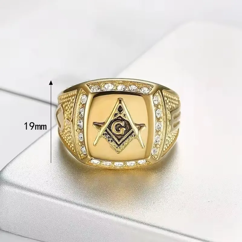 Men Ring Luxury Gold Color Masonic Titanium Jewelry Geometrical Design Crystal Masonic Rings Fashion Jewelry view 5