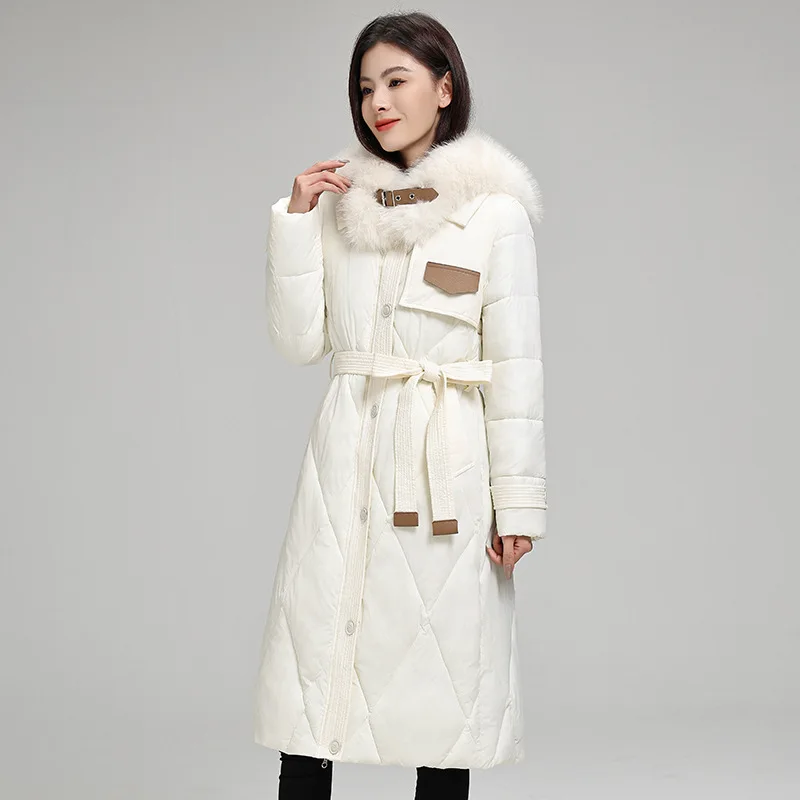 

Women's Down Jacket Coat Winter Faux Fur Parka Thickened Large Fur Collar Snow Parka Over-the-knee Waist-cinching Outwear