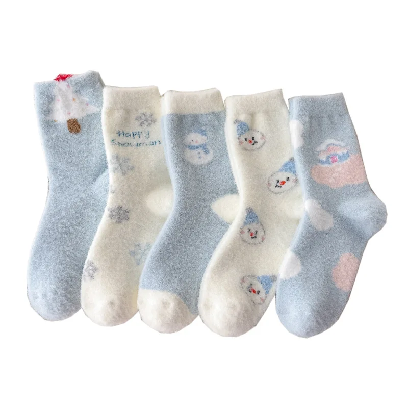Chaussettes pour femmes mignon dessin animé coréen hiver en peluche épaissi chaud sommeil chaussettes pour fille bonhomme de neige Kawaii doux drôle mi Tube chaussettes