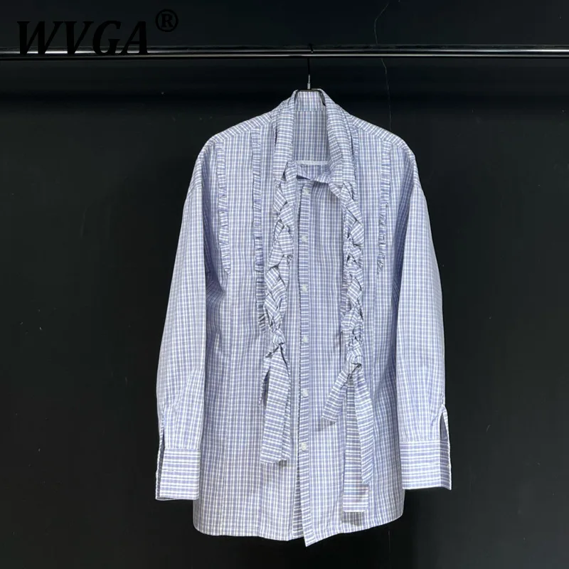 

WVGA Tops Spring Autumn New Man Tide High Street Plaid Ruffled Trendy Design Niche Chic Casual Long Sleeved Shirt Ins Y2K W11883