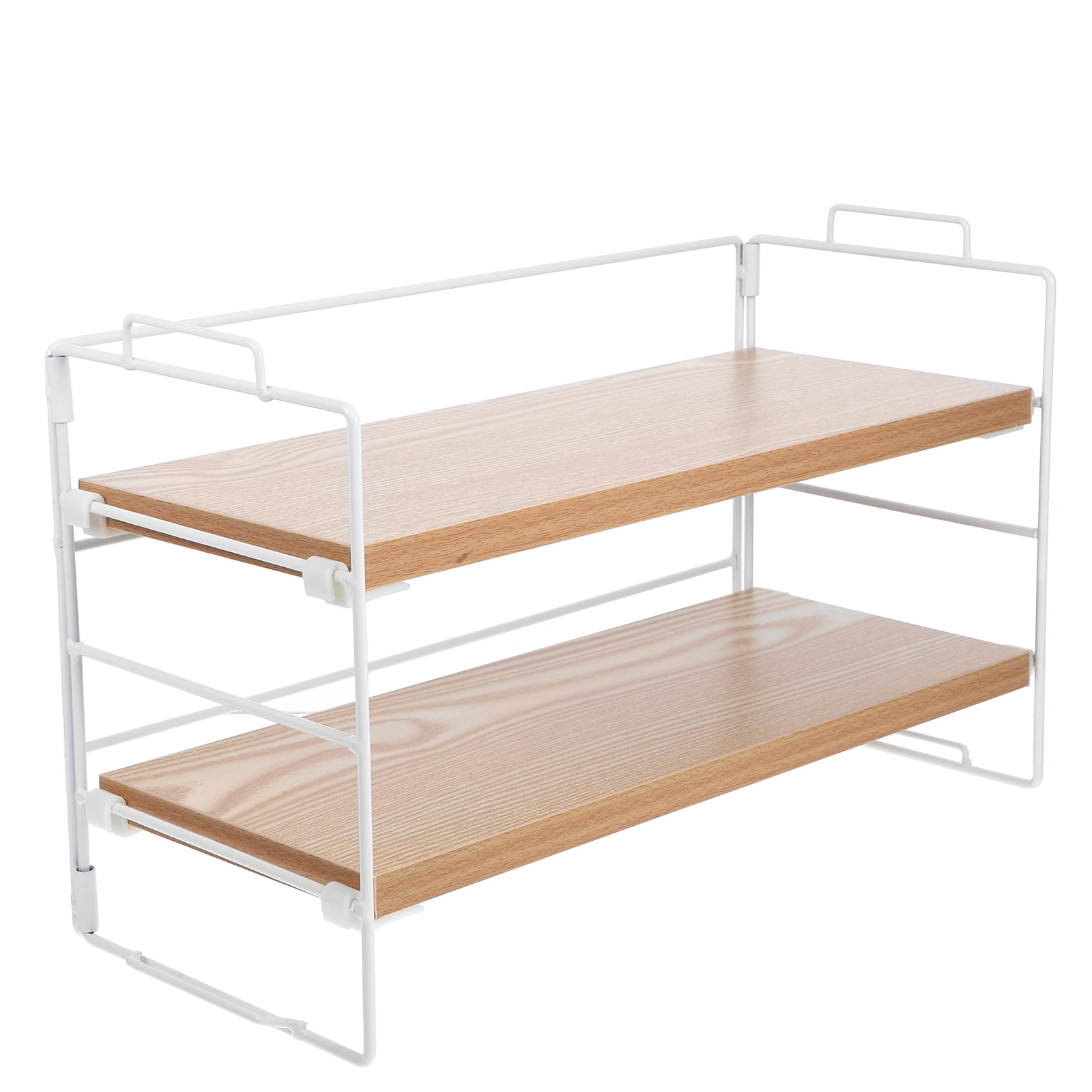 

2-Tier Wooden Desktop Storage Rack Metal Frame Bookshelf Organizer Home Office Bedroom Kitchen Vanity Countertop Small Desk
