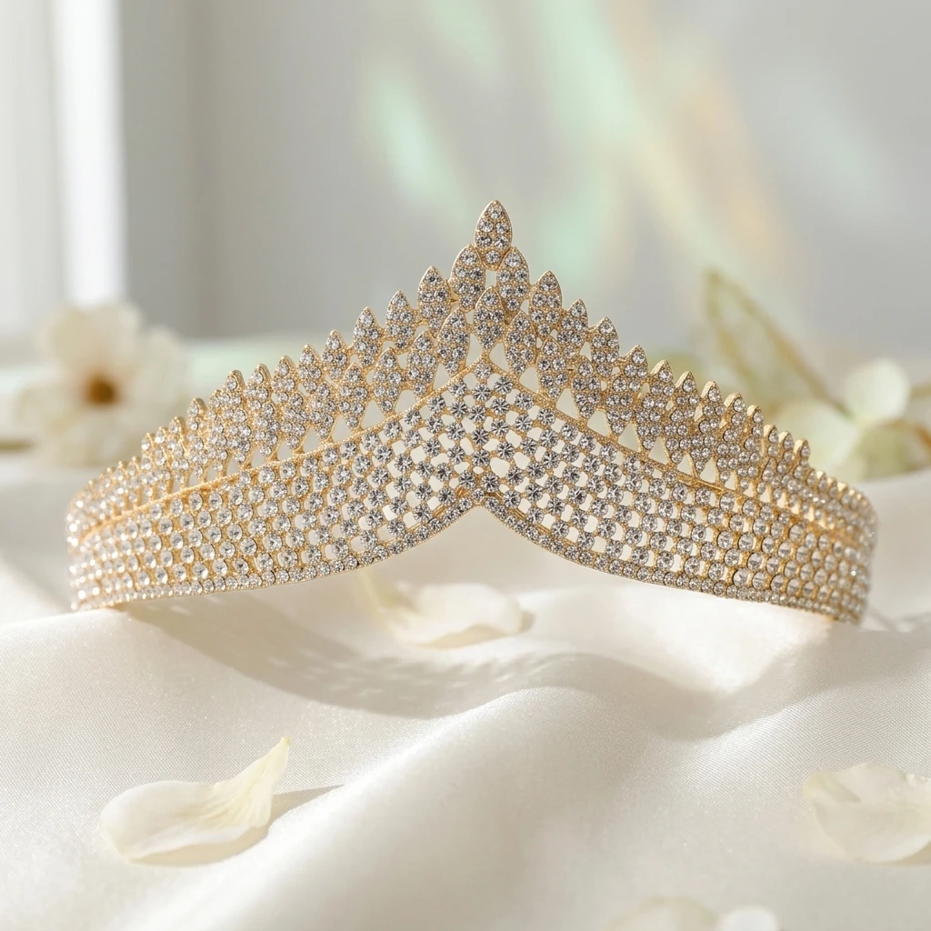 花嫁用のきらびやかなティアラ、プリンセス風の王冠、結婚式やパーティーに最適な女性・少女用ヘアアクセサリー、写真撮影にも使えるエレガントなヘッドバンド。