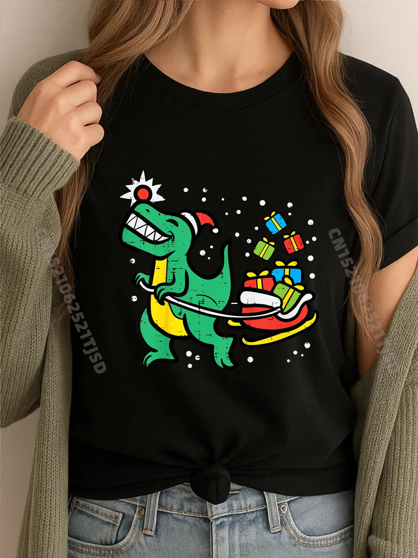 

Kids Christmas Dino Trex Sleigh Xmas Toddler Kid Youth Designer Clothes Woman Short Sleeve T-Shirt Woman Leisure