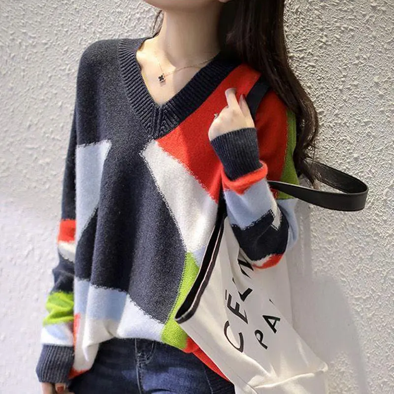 Casual Contrasting Colors Irregular Patchwork Jumpers Korean Loose Autumn Winter Fashion Female Clothing V-Neck Knitted Sweaters