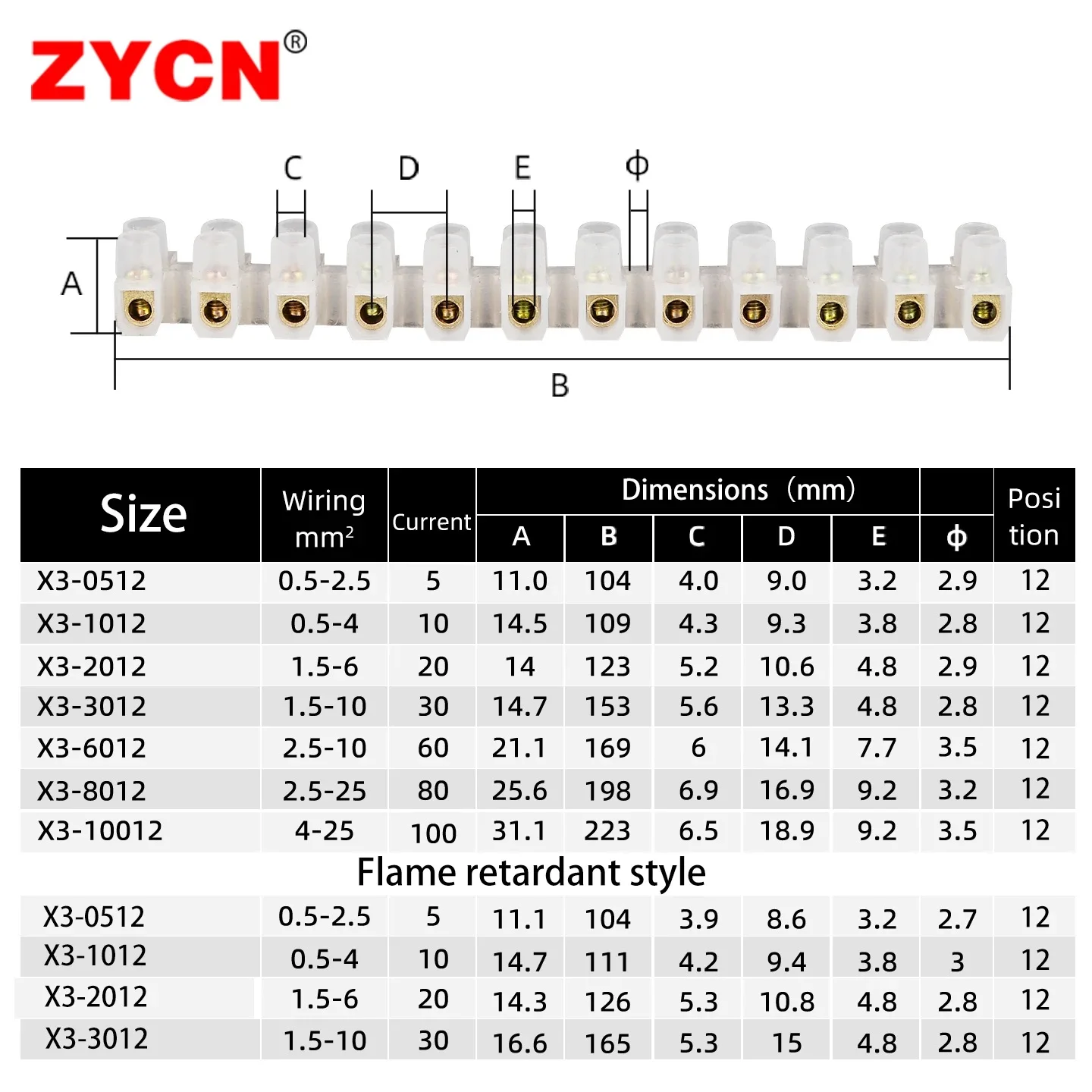 12 Position Barrier Screw X3-1012 Nylon Plastic Terminal Block 20A