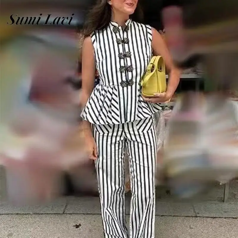 

Sexy Sleeveless Loose Straight Suit Fashion Striped Printed Single Breasted Women Suit Elegant O-neck Top & Pants Two Piece Set
