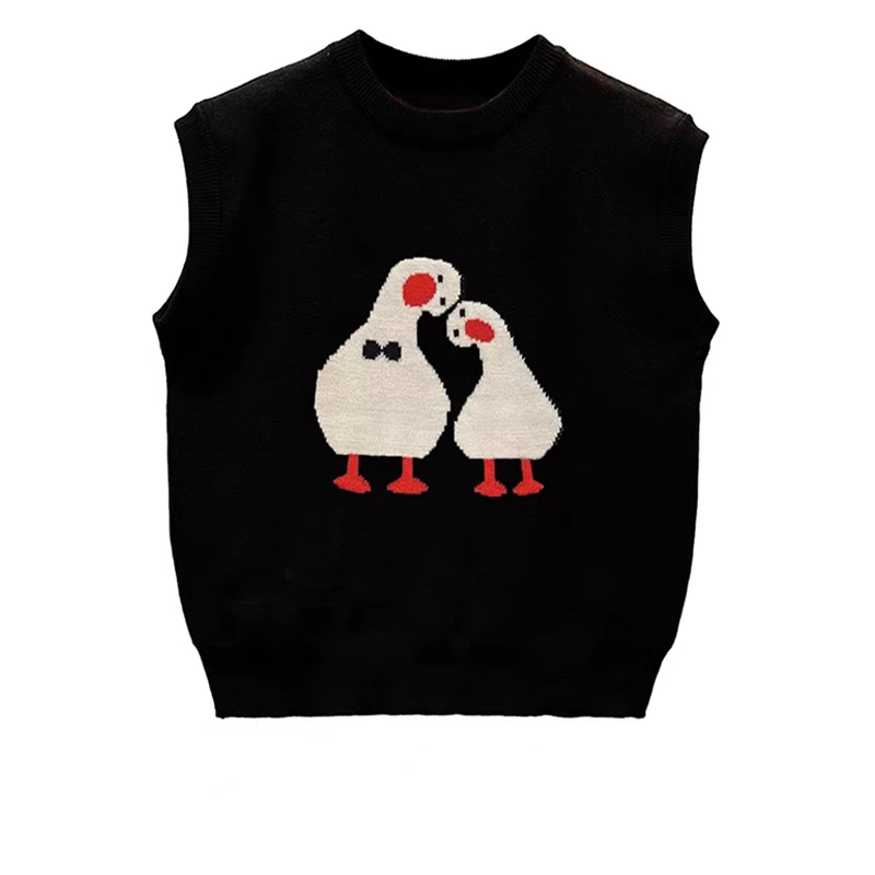 E-Girl Loose Cartoon Duck Jacquard Autumn Casual Sleeveless Women Sweaters Vest O Neck Pullovers Sweet Chic Fashion Jumpers