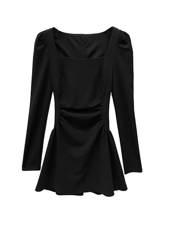 Abito con scollo quadrato nero stile Hepburn primavera e autunno 2024 nuovo abbigliamento donna piccola statura abbinato al rivestimento del