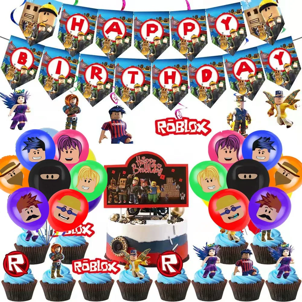 Roblox Birthday Party Supplies Cute Party Decoration Cartoon Anime Kawaii Gifts New Baby Shower Balloon Cake Toppers Cup Plate