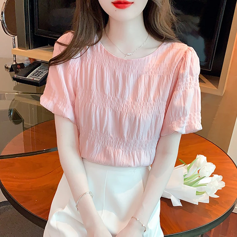 Summer New Short Sleeve O-Neck Women Blouse Casual Pink Chiffon Blouse Shirt Women Tops  Blusas Mujer De Moda 2024 Verano G694