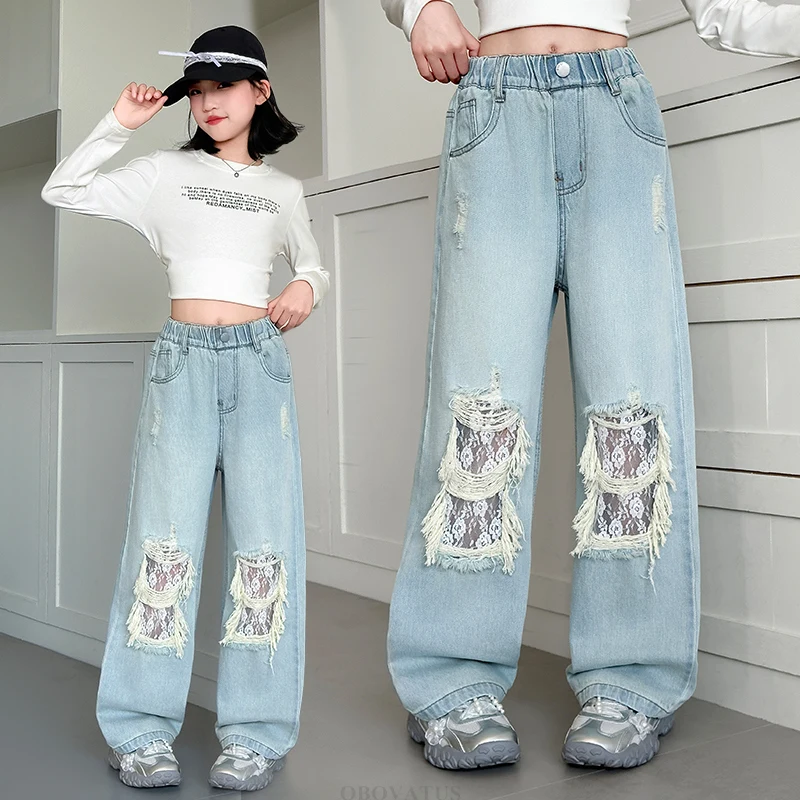 

New Autumn Children Fashion Straight Leg Lace Hole Patchwork Jeans for Teen Girls Street Style Denim Pants Kids Casual Trousers
