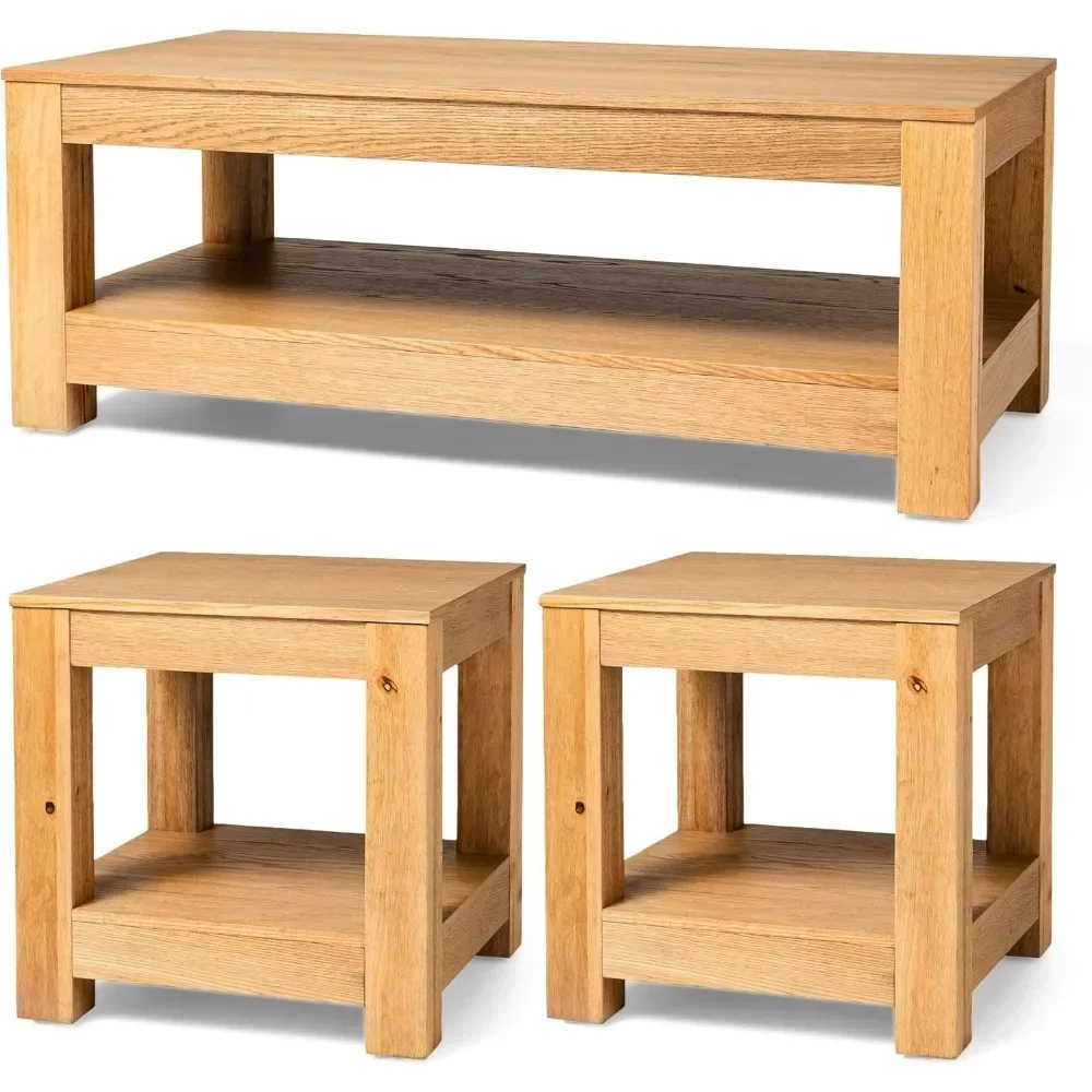 

Paulo Wooden Rectangular Coffee Table and Set of 2 Wooden Side Table Bundle with Shelf Storage for Living Rooms