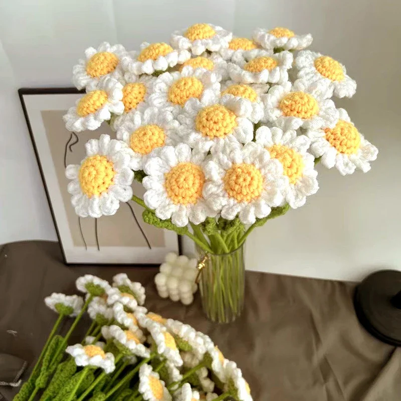 

10PCS DIY Knitting Bouquet Sunflower Hand-Knitted Fake Flowers Knit Flower Home Wedding Party Table Crochet Floral Bouquet