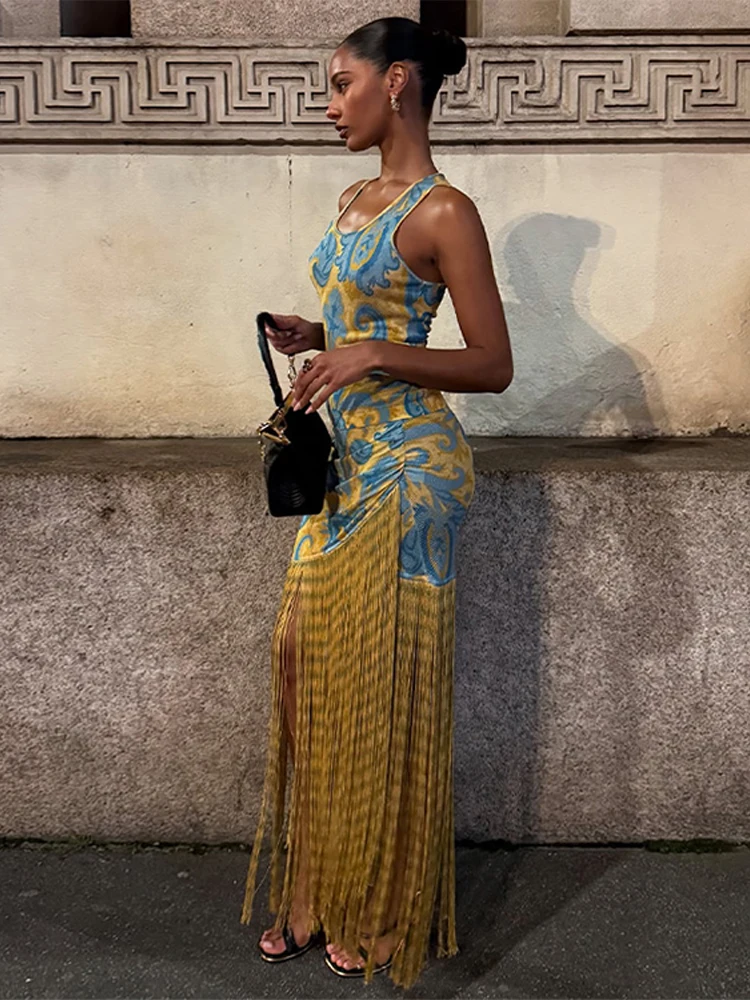 Vestido largo Irregular con estampado de borlas para mujer, vestido elegante sin mangas con cintura ceñida, Vestidos de fiesta elegantes para mujer
