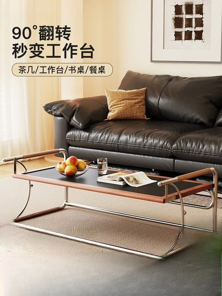 

Milek medieval liftable solid wood coffee table living room Bauhaus stainless steel creative side table flipped table integrated