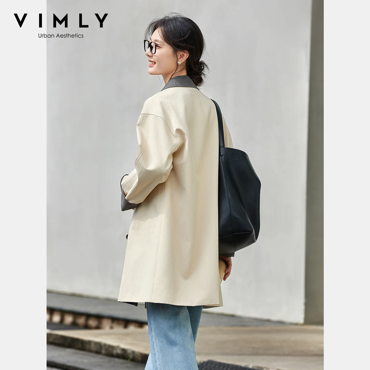 VIMLY Midi Trench Coat Woman Office Wear Contrast Color Women's Autumn Coat 2025 Turn-down Neck Long Sleeve Ladies Coats A2219