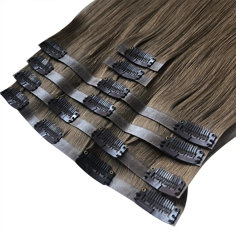 Clipe reto em extensões de cabelo PU, cabelo humano real, peruca virgem brasileira, sem costura completa, cor natural, 10 "-30", 6 pcs por conjunto