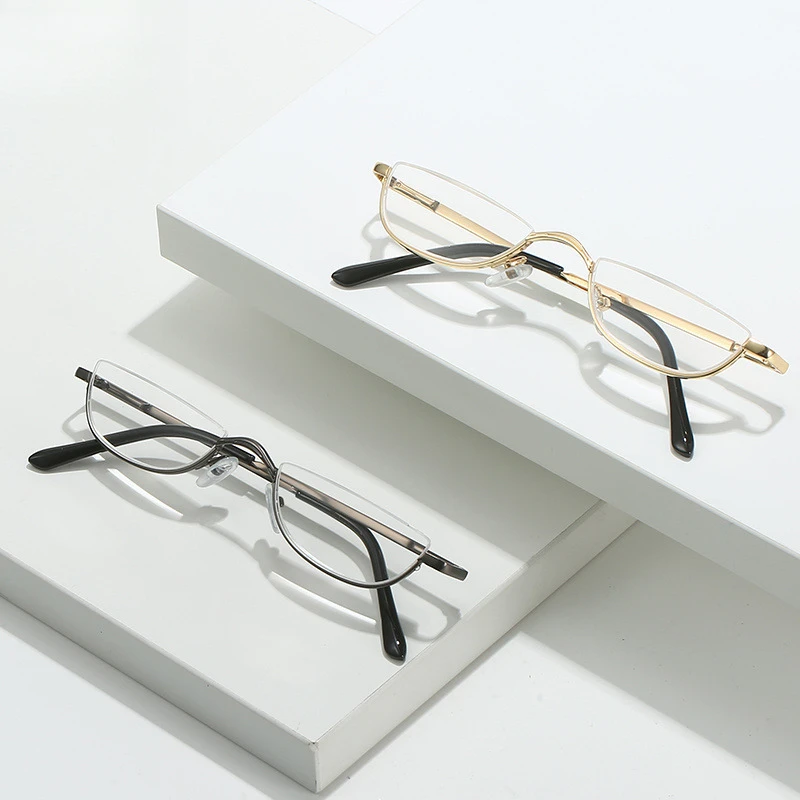 

New niche half-frame inverted triangle reading glasses Men and Women Special-Shaped Semicircle Metal Spring Leg