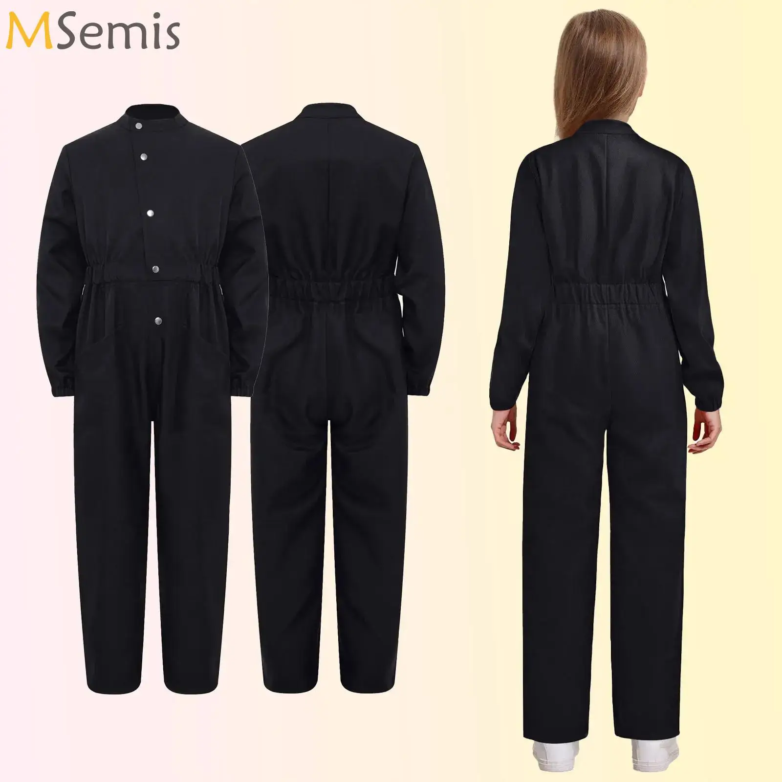 

Girls Boys Press Buttons Jumpsuit Mechanic Costume Flight Suit Long Straight-Leg Rompers Playsuit Flightsuit Carnival Dress Up