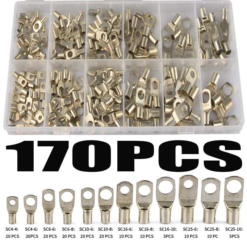 170Pcs Bare Terminals Tinned Copper Lug Ring Seal Wire Connector Battery Terminal Crimped Soldered Terminal SC10-6 SC16-8 SC25-8