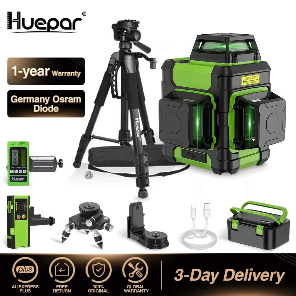 Huepar-nível Auto-nivelador Green Beam Laser 12 Linhas Linha Cruzada Ferramentas de Nível Modo Pulso Carry Case Rígido 3×360 °