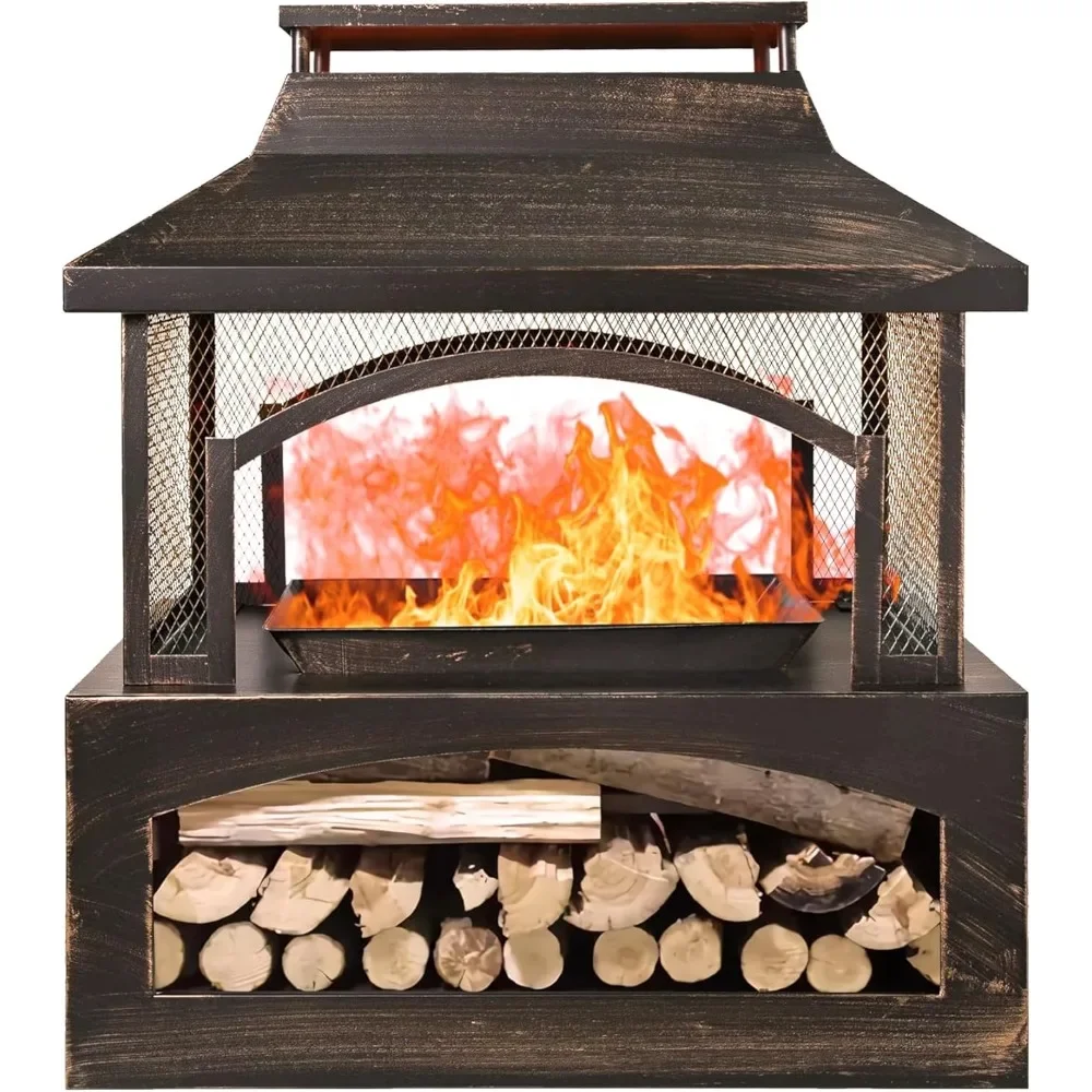 37in Outdoor Wood Burning Fireplace,2-in-1 Large Fire Pit with Log Grate and Poker for Outside, Outdoor Chimney Fireplace