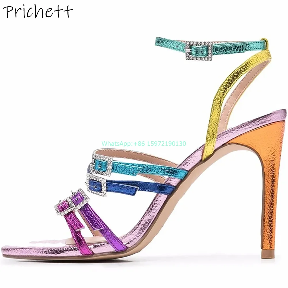 Rainbow Mixed Color Sandals Straight Strap Buckle Round Toe Thin Heels Shoes Light Color Patchwork Fashion Ladies Stiletto Shoes