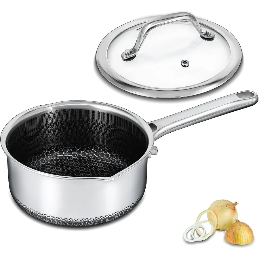 

Hybrid Nonstick 3 QT Saucepan with Lid Stainless Steel Honeycomb Pot with Two Pour Spouts Compatible with All Cooktops Dishwash