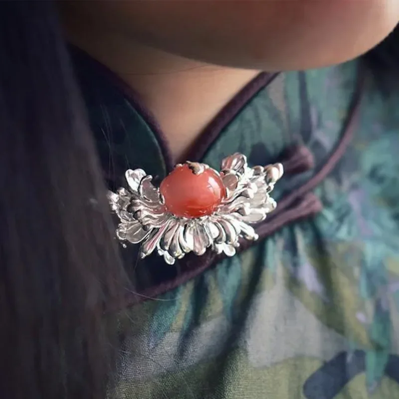 925 Silver Glossy Southern Red Tourmaline Luxury Brooch Classical Court Style Brooches for Women Classic Hanfu Broche Jewelry