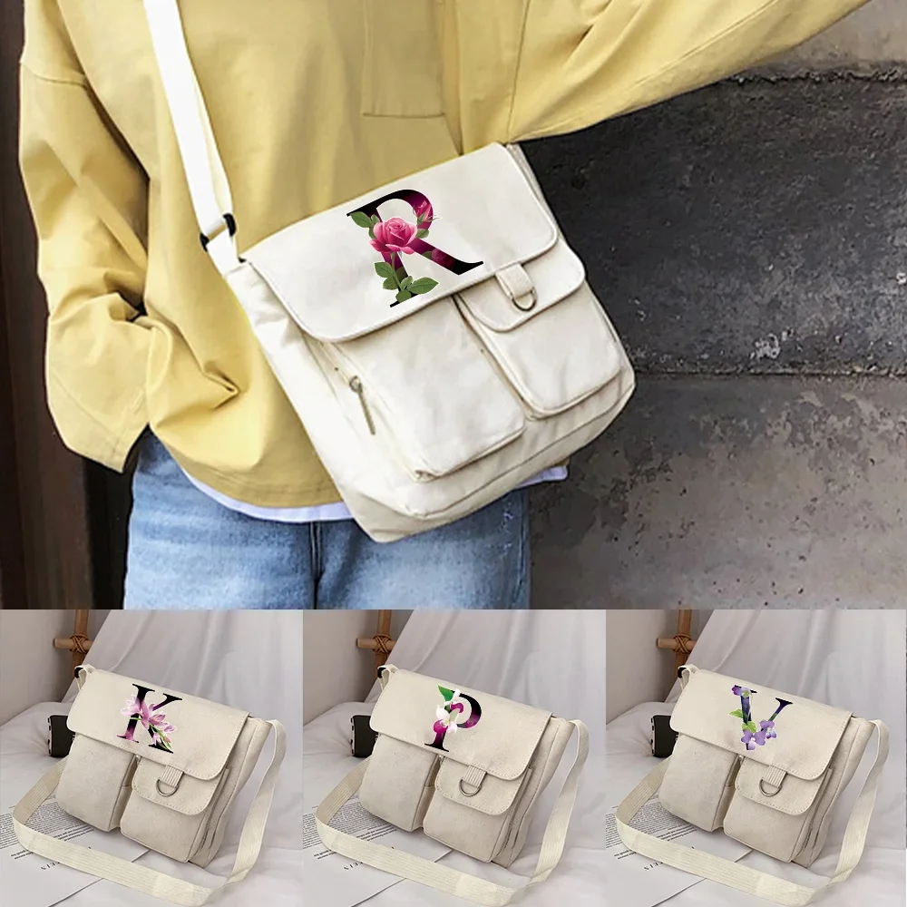 

Crossbody Shoulder Bag Women Casual Canvas Messenger Bags Simple Student Style Wild Postman Case Flower Color Print Organizer